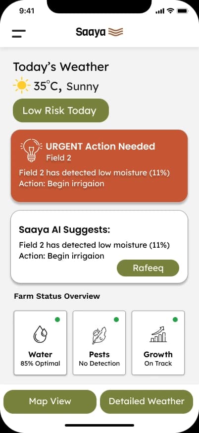 Saaya home screen with weather and field alerts